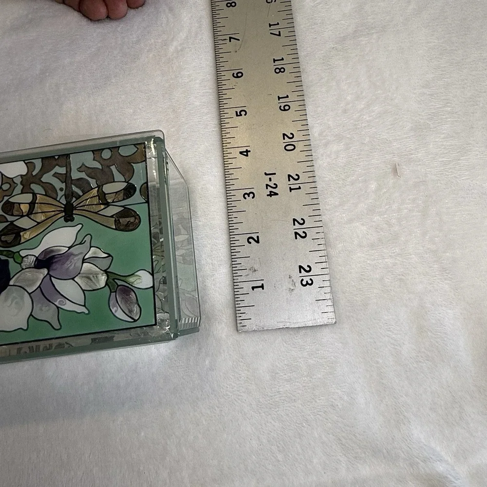 Joan Baker Designs Hand Painted Glass Trinket Box Dragonfly Orchid Floral